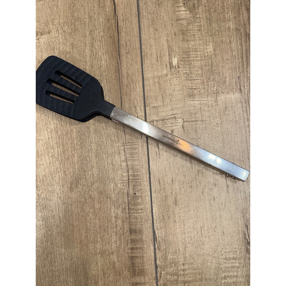 Pampered Chef Tongs and Slotted Turner Black Stainless Steel Kitchen Utensil Set